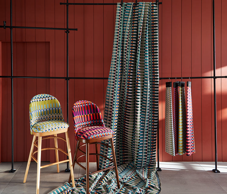 Ella Bar Stool upholstered in Fort from Margo Selby.