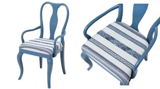 The Marco Chair in Woven Ribbon Blue by Kit Kemp