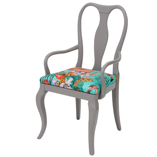 Designer Dining chair upholstered in Flamingo satin finished in Grey .