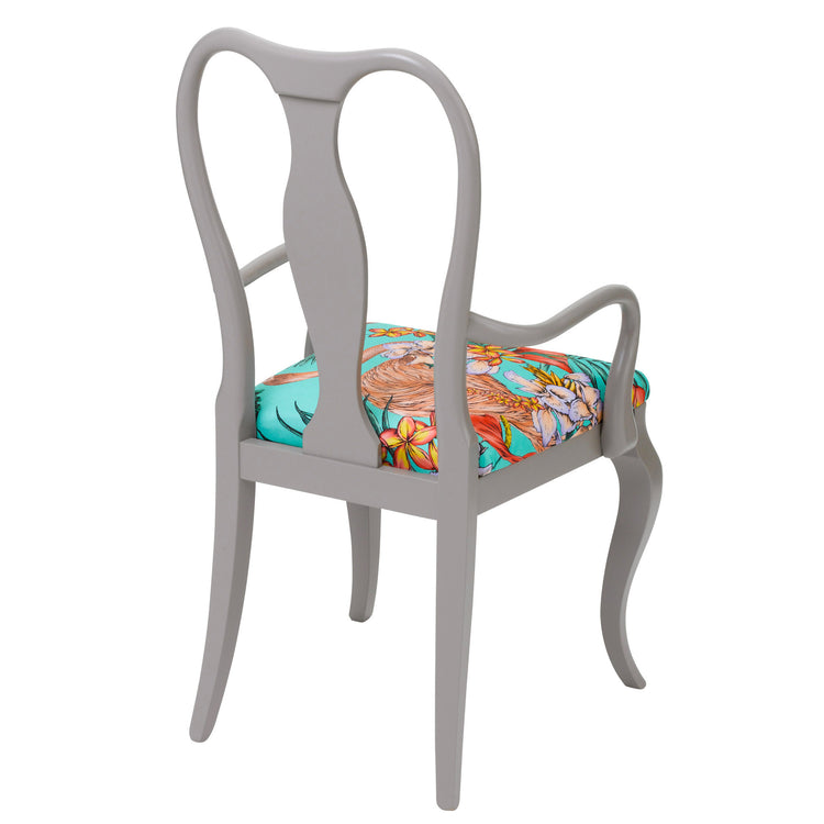 Rear view of the Fifi dining chair upholstered in Flamingo print finished in Grey paint.