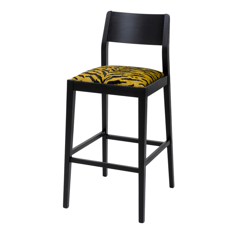The Jack designer bar stool upholstered with the tigre design from the House of Hackney on luxury British velvet and silk finished in Jack black eggshell. 